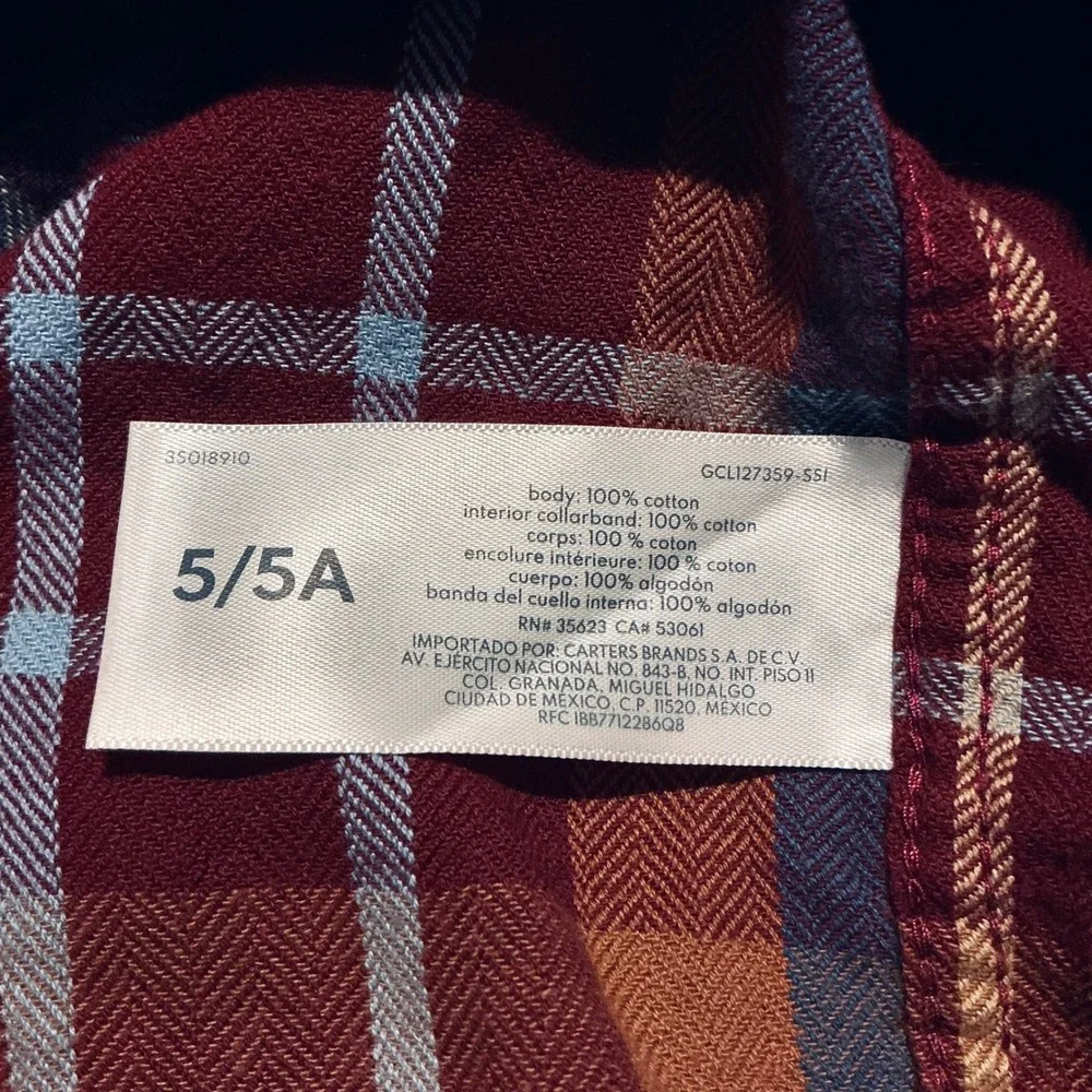 OshKosh B'gosh Boys 5/5A Plaid Flannel Button Up Shirt Long Sleeve Cotton Fall